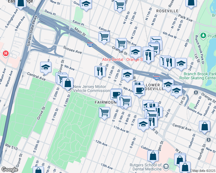 map of restaurants, bars, coffee shops, grocery stores, and more near 71 9th Avenue in Newark