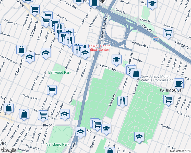 map of restaurants, bars, coffee shops, grocery stores, and more near 12 Birchwood Avenue in East Orange