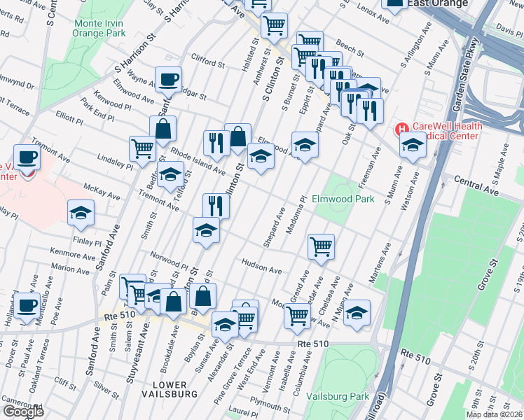 map of restaurants, bars, coffee shops, grocery stores, and more near 151 Rhode Island Avenue in East Orange