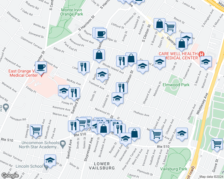 map of restaurants, bars, coffee shops, grocery stores, and more near 453 Halsted Street in East Orange