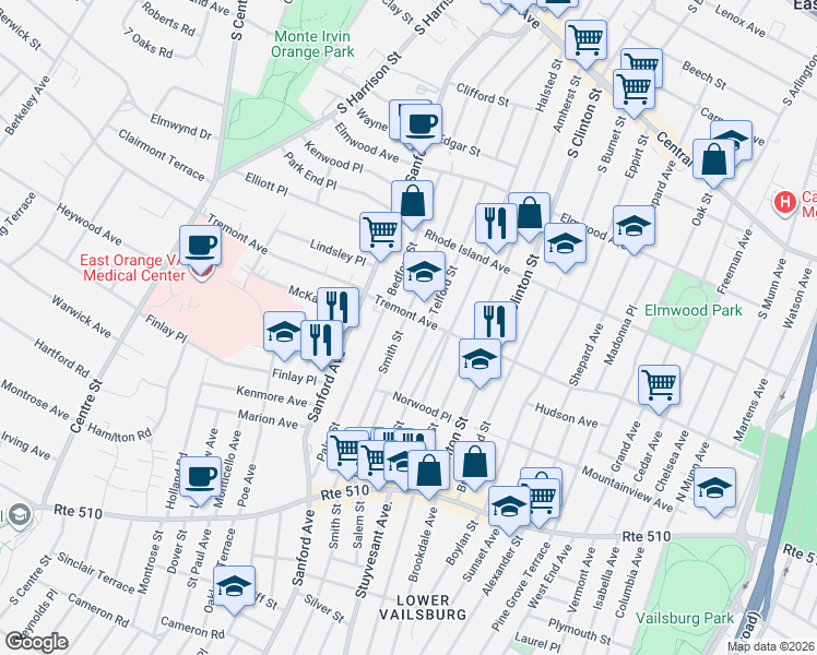 map of restaurants, bars, coffee shops, grocery stores, and more near 115 Telford Street in East Orange