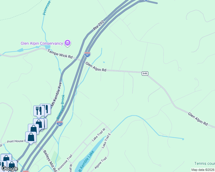 map of restaurants, bars, coffee shops, grocery stores, and more near 147 Glen Alpin Road in Morristown