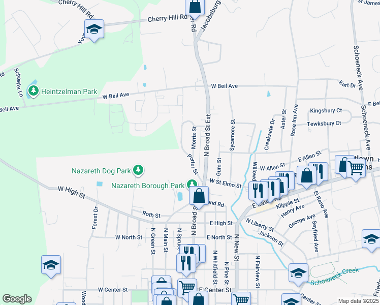 map of restaurants, bars, coffee shops, grocery stores, and more near 75 Morris Street in Nazareth