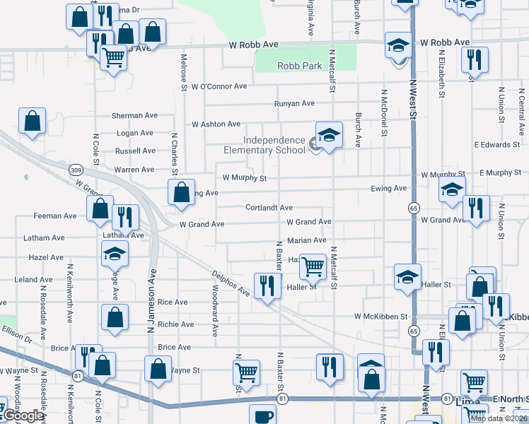 map of restaurants, bars, coffee shops, grocery stores, and more near 997 North Baxter Street in Lima