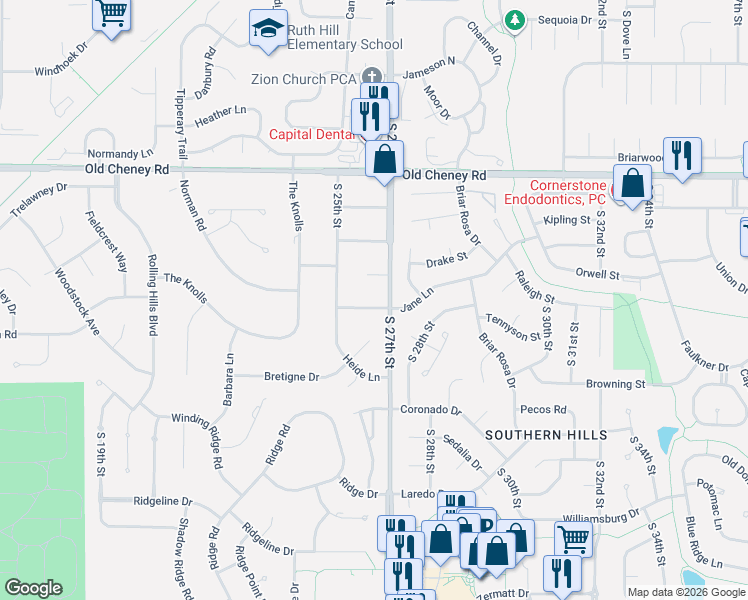 map of restaurants, bars, coffee shops, grocery stores, and more near 2621 Norman Circle in Lincoln