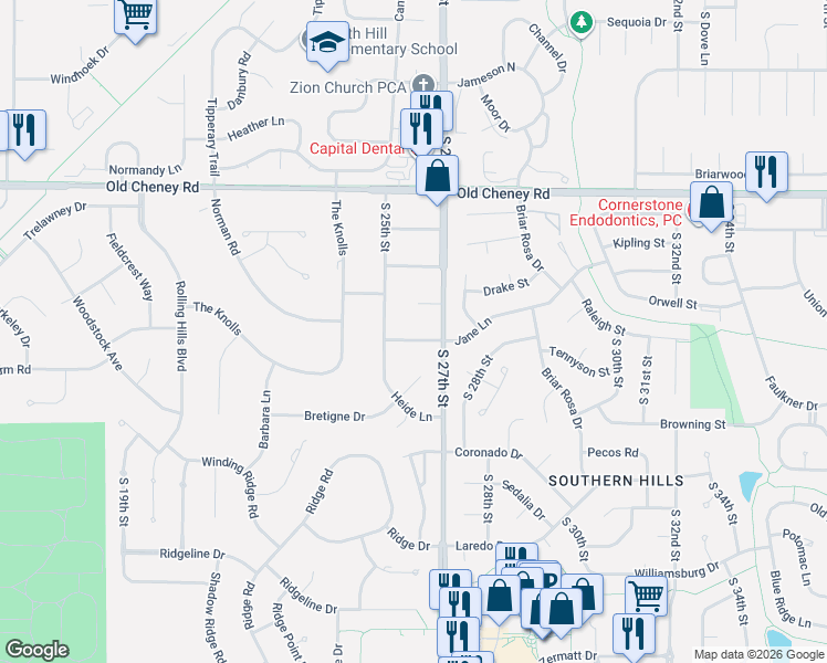 map of restaurants, bars, coffee shops, grocery stores, and more near 2501 Norman Circle in Lincoln