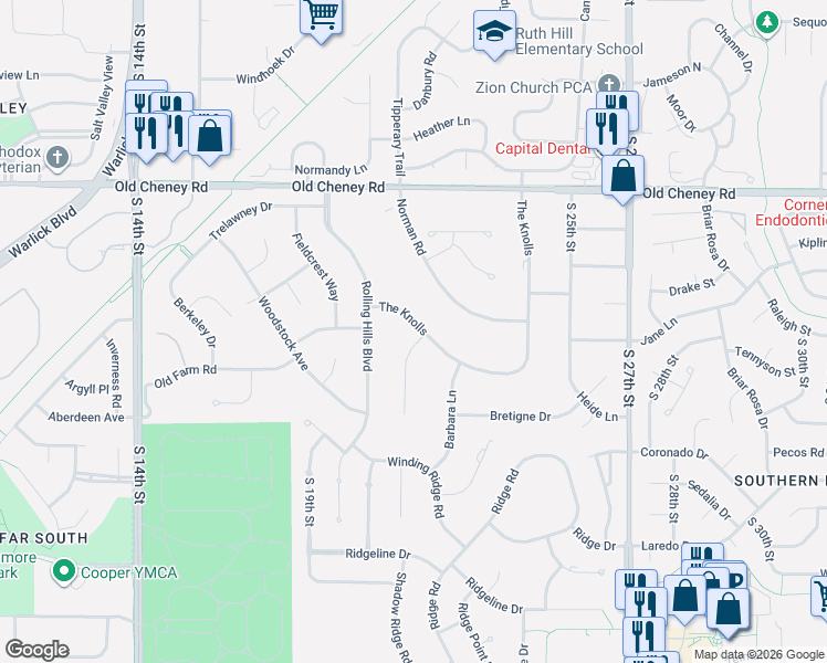 map of restaurants, bars, coffee shops, grocery stores, and more near 2108 The Knolls in Lincoln