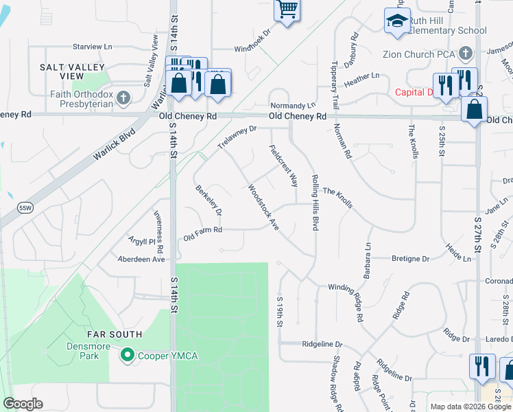map of restaurants, bars, coffee shops, grocery stores, and more near 5916 Woodstock Avenue in Lincoln