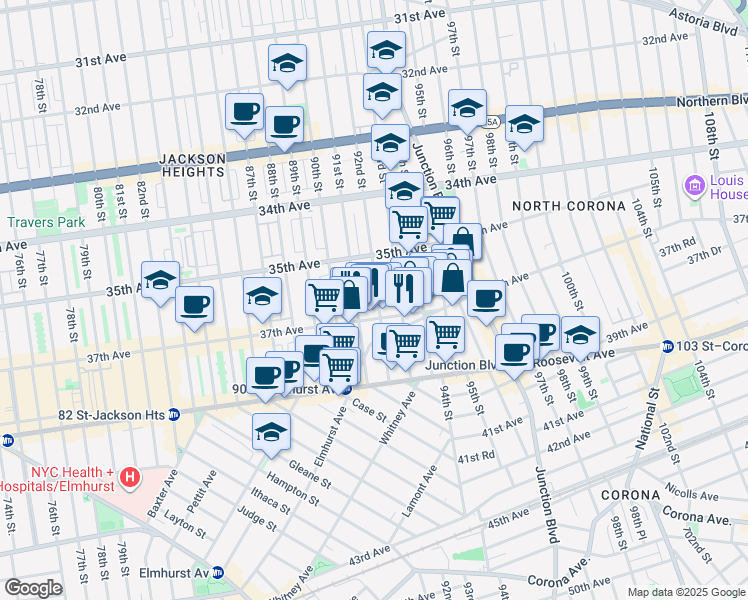 map of restaurants, bars, coffee shops, grocery stores, and more near 35-21 92nd Street in Queens