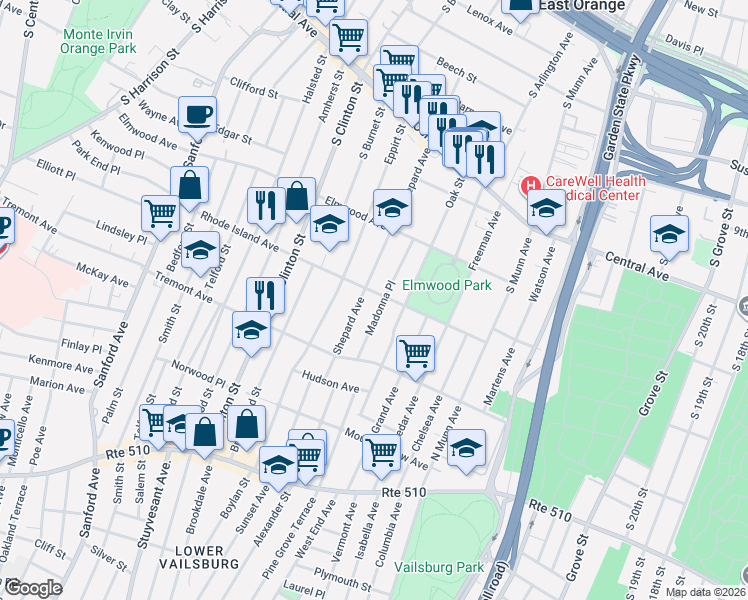 map of restaurants, bars, coffee shops, grocery stores, and more near 210 Shepard Avenue in East Orange
