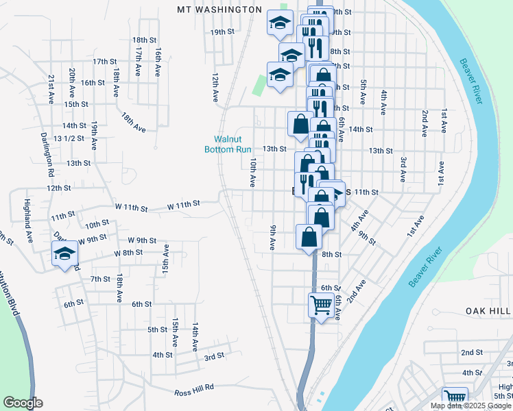 map of restaurants, bars, coffee shops, grocery stores, and more near 1001 11th Street in Beaver Falls