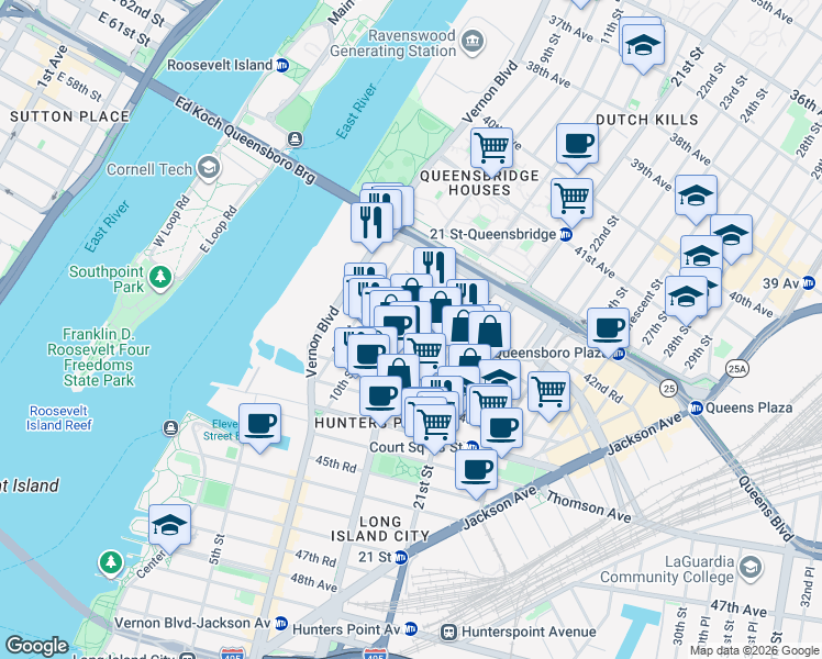 map of restaurants, bars, coffee shops, grocery stores, and more near 43 11th Street in Queens