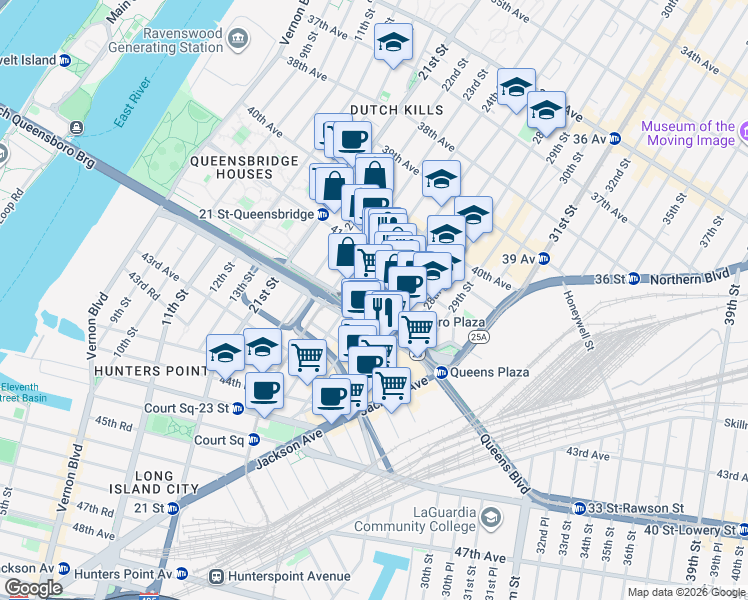 map of restaurants, bars, coffee shops, grocery stores, and more near 41-34 Queens Plaza North in Queens