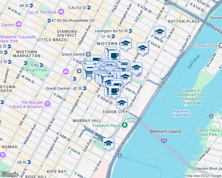 map of restaurants, bars, coffee shops, grocery stores, and more near 18 East 41st Street in New York
