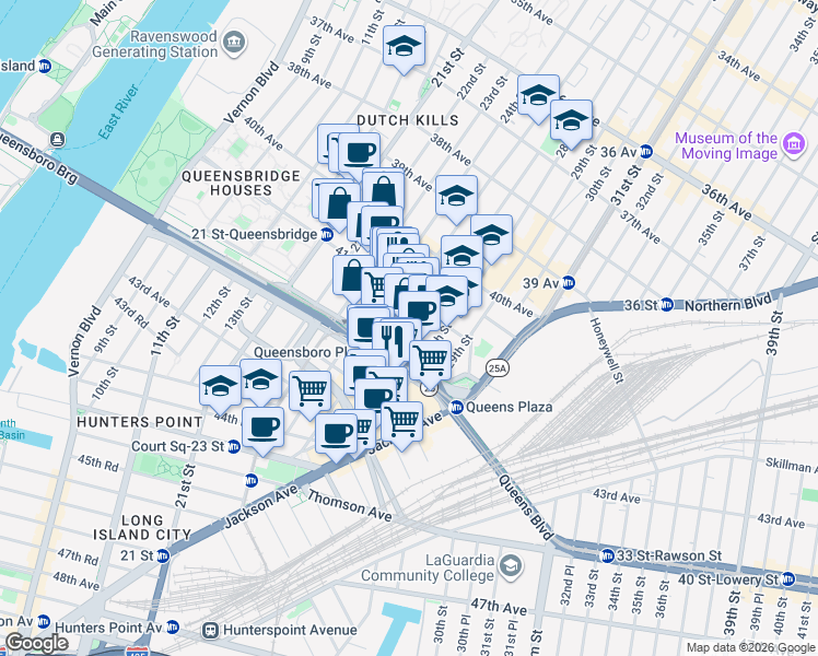 map of restaurants, bars, coffee shops, grocery stores, and more near 41-26 27th Street in Queens