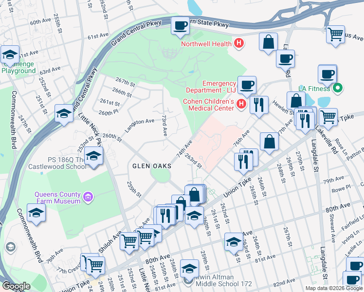 map of restaurants, bars, coffee shops, grocery stores, and more near 263-57 74th Avenue in Queens