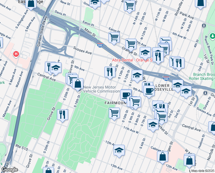 map of restaurants, bars, coffee shops, grocery stores, and more near 125 South 14th Street in Newark