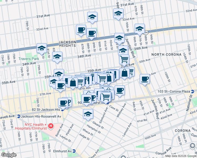 map of restaurants, bars, coffee shops, grocery stores, and more near 35-15 89th Street in Queens