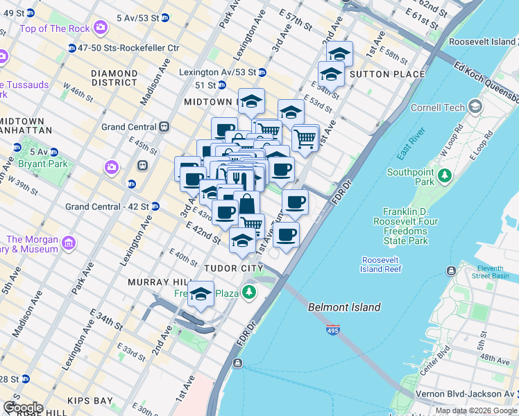 map of restaurants, bars, coffee shops, grocery stores, and more near in New York