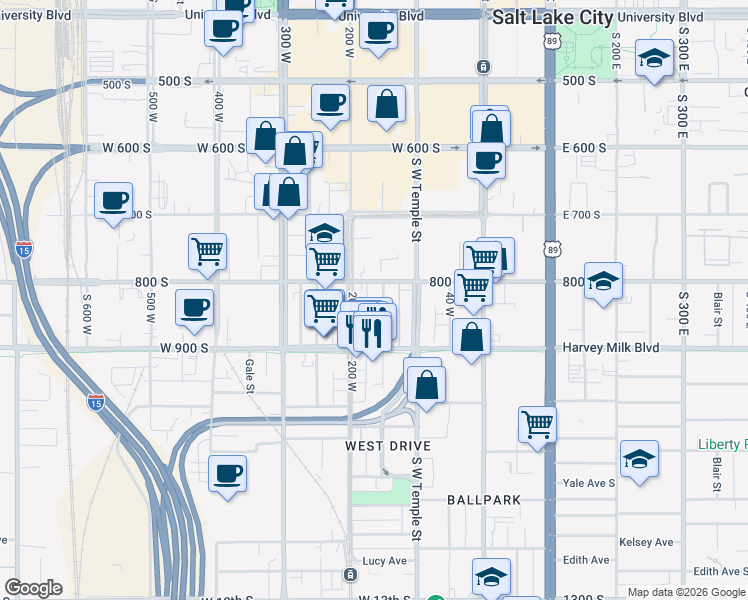 map of restaurants, bars, coffee shops, grocery stores, and more near 814 Jefferson Street in Salt Lake City
