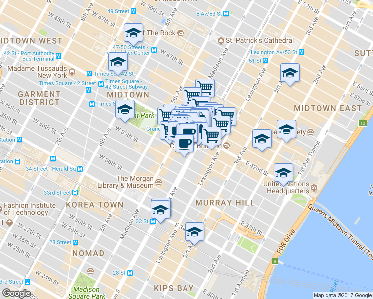 map of restaurants, bars, coffee shops, grocery stores, and more near 100 Park Avenue in New York