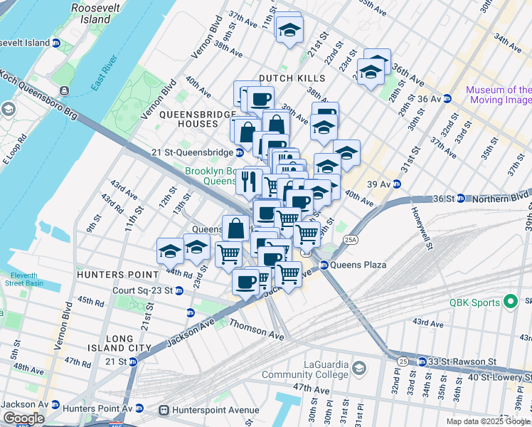 map of restaurants, bars, coffee shops, grocery stores, and more near 41-44 24th Street in Queens