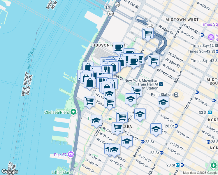 map of restaurants, bars, coffee shops, grocery stores, and more near 547 West 28th Street in New York