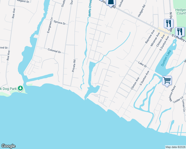 map of restaurants, bars, coffee shops, grocery stores, and more near 12 Wall Street in Patchogue