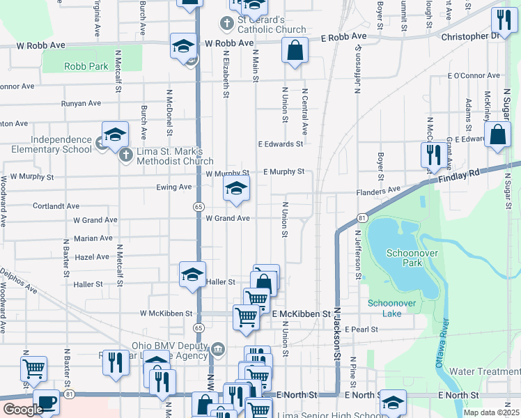 map of restaurants, bars, coffee shops, grocery stores, and more near 812 North Main Street in Lima