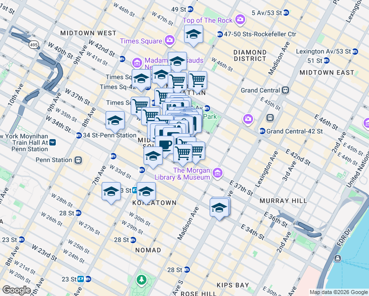 map of restaurants, bars, coffee shops, grocery stores, and more near 28 West 38th Street in New York