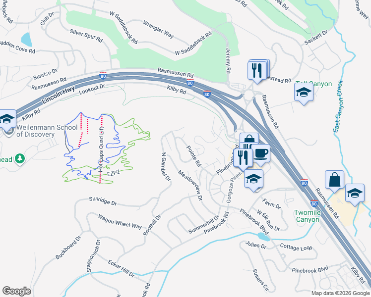 map of restaurants, bars, coffee shops, grocery stores, and more near 3455 Cedar Drive in Park City