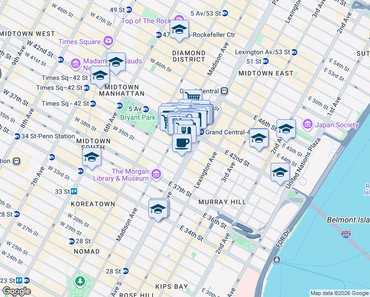 map of restaurants, bars, coffee shops, grocery stores, and more near 60 East 42nd Street in New York