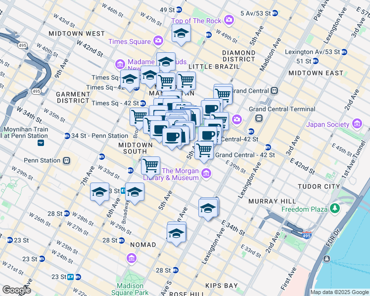 map of restaurants, bars, coffee shops, grocery stores, and more near 424 5th Avenue in New York