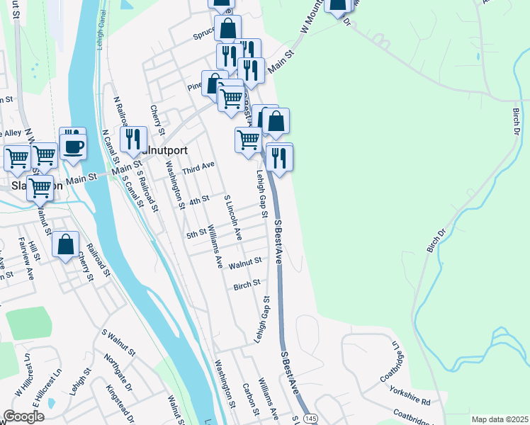 map of restaurants, bars, coffee shops, grocery stores, and more near Lehigh Gap Street in Walnutport