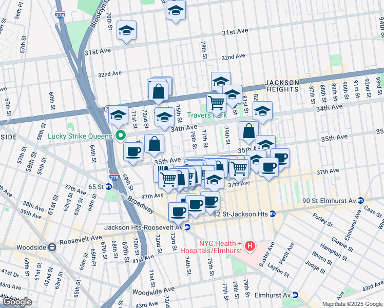 map of restaurants, bars, coffee shops, grocery stores, and more near 34-35 35th Avenue in Queens
