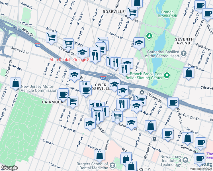 map of restaurants, bars, coffee shops, grocery stores, and more near 106 Freeway Drive in Newark