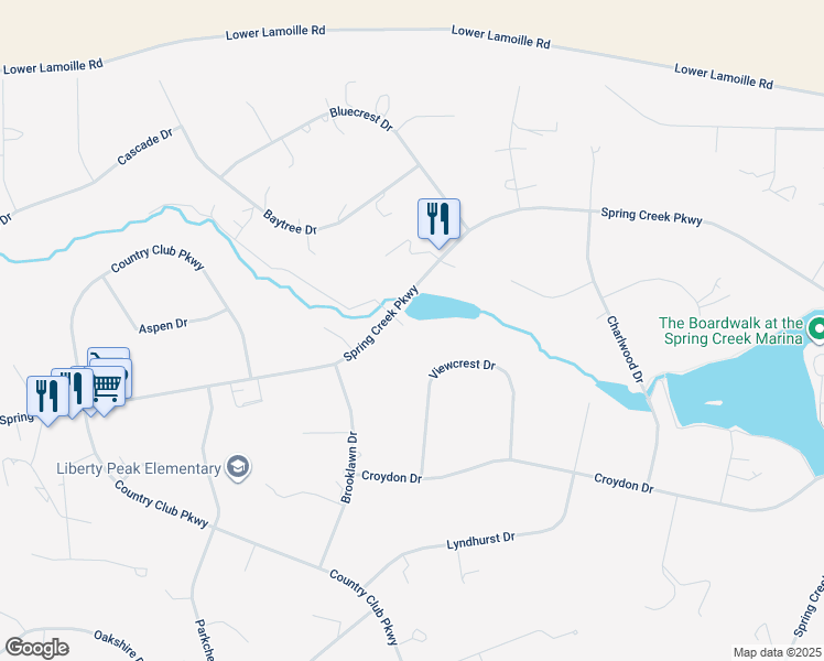 map of restaurants, bars, coffee shops, grocery stores, and more near 434-444 Spring Creek Parkway in Spring Creek
