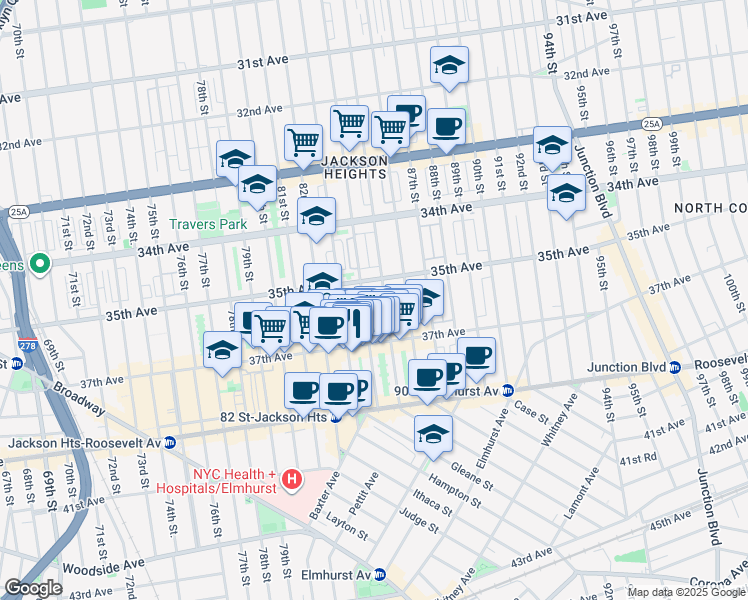 map of restaurants, bars, coffee shops, grocery stores, and more near 35-16 85th Street in Queens