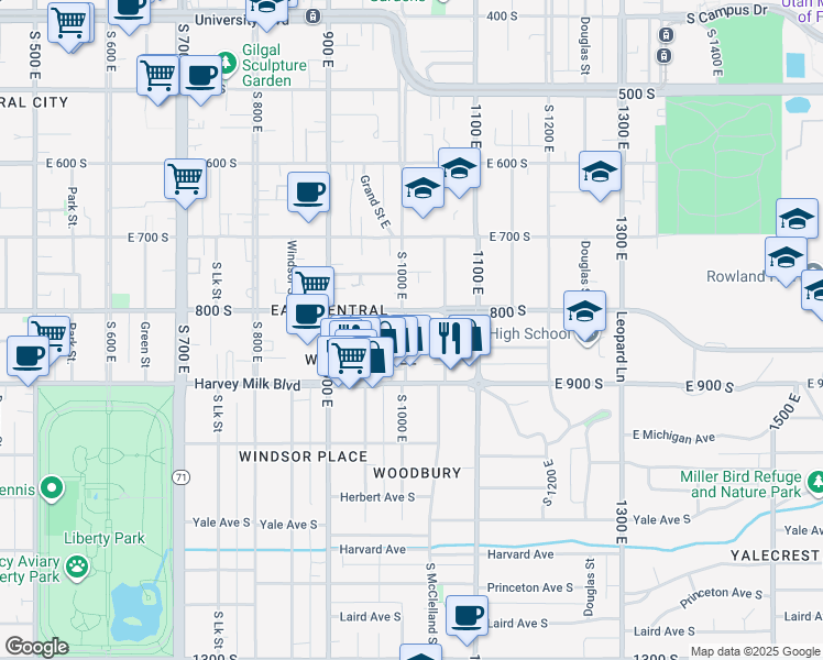 map of restaurants, bars, coffee shops, grocery stores, and more near 800 South 1000 East in Salt Lake City