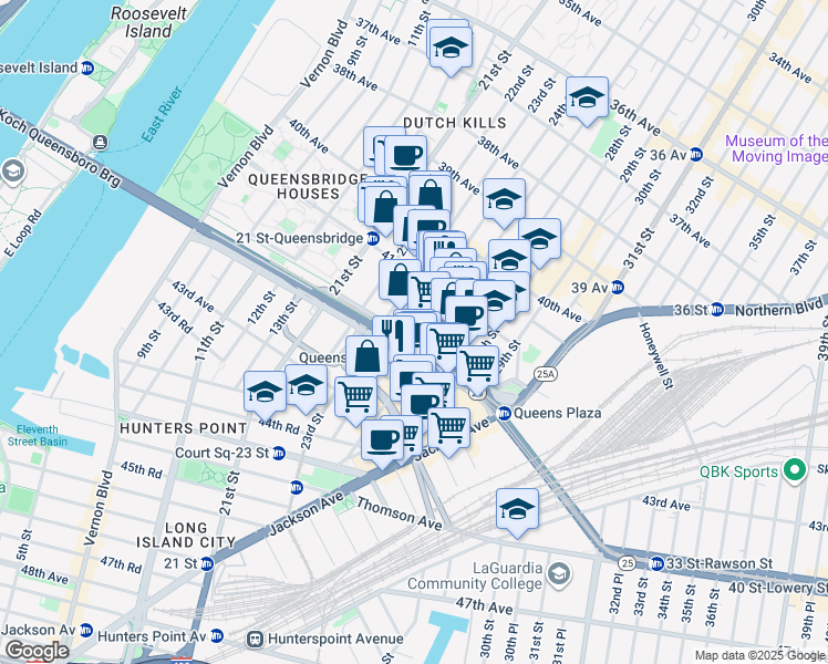 map of restaurants, bars, coffee shops, grocery stores, and more near 41-44 24th Street in Queens