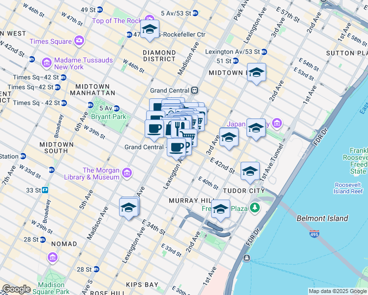 map of restaurants, bars, coffee shops, grocery stores, and more near 122 East 42nd Street in New York
