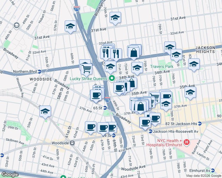 map of restaurants, bars, coffee shops, grocery stores, and more near 34-49 69th Street in Queens