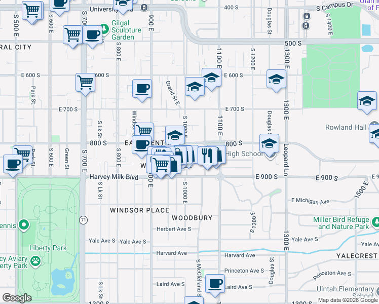 map of restaurants, bars, coffee shops, grocery stores, and more near 800 South 1000 East in Salt Lake City