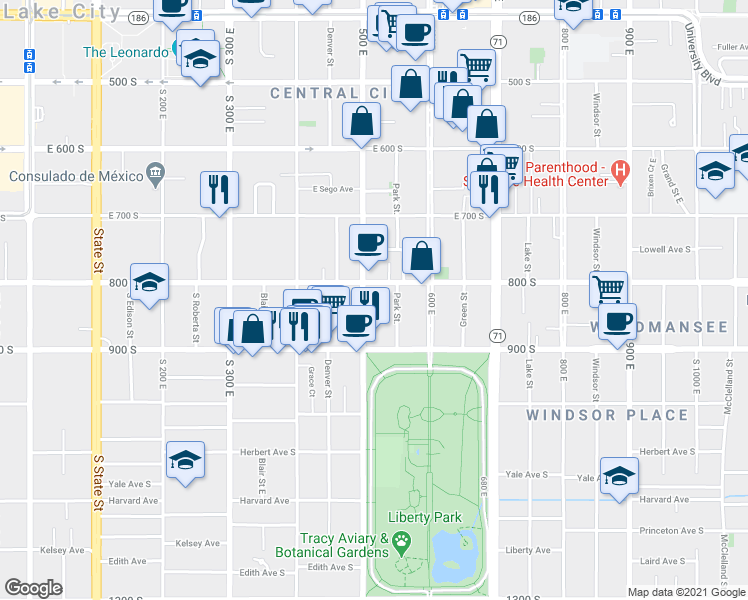 map of restaurants, bars, coffee shops, grocery stores, and more near 525 East 800 South in Salt Lake City
