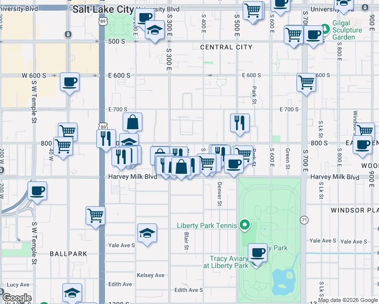 map of restaurants, bars, coffee shops, grocery stores, and more near 361 800 South in Salt Lake City