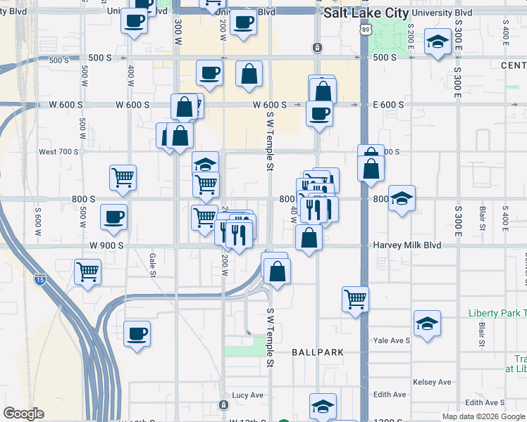 map of restaurants, bars, coffee shops, grocery stores, and more near 819 West Temple in Salt Lake City