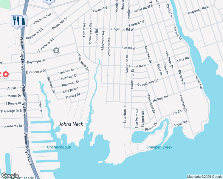 map of restaurants, bars, coffee shops, grocery stores, and more near 83 Lynbrook Drive in Mastic Beach