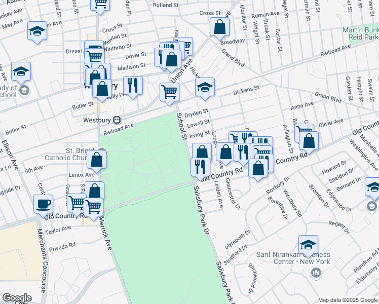 map of restaurants, bars, coffee shops, grocery stores, and more near 511 Whittier Street in Westbury
