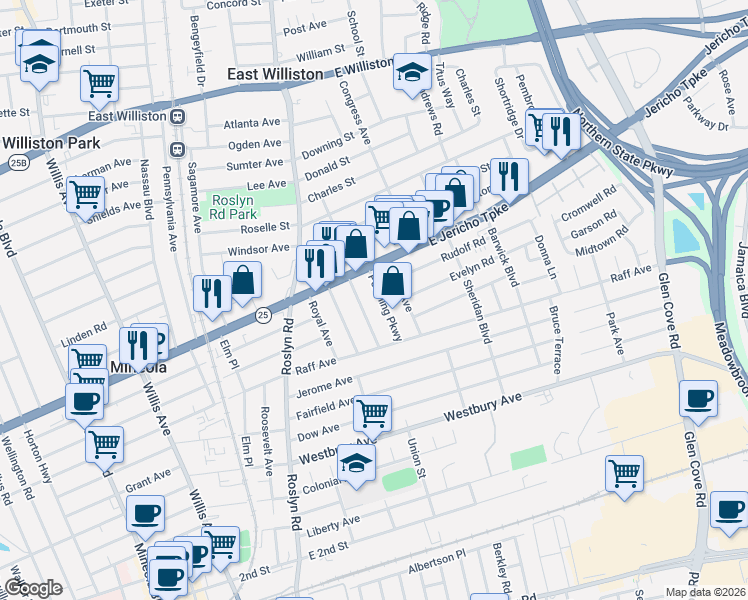 map of restaurants, bars, coffee shops, grocery stores, and more near 259 Frank Avenue in Mineola