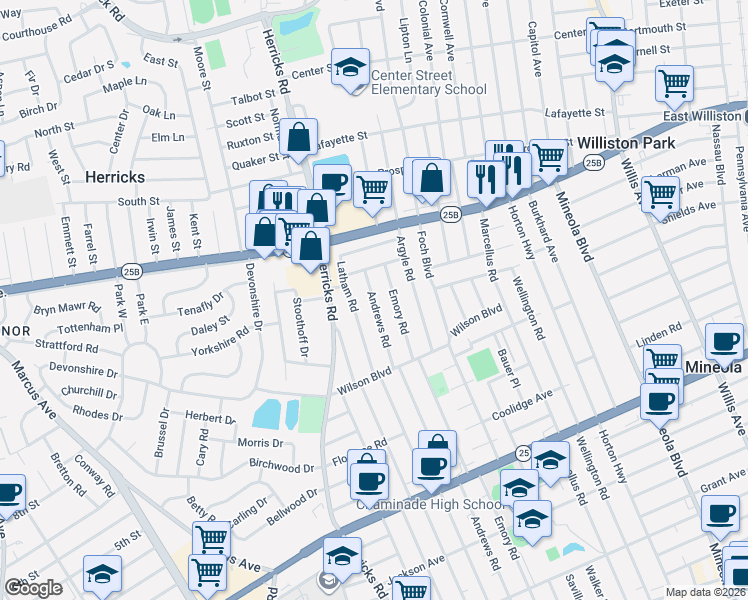 map of restaurants, bars, coffee shops, grocery stores, and more near 485 Andrews Road in Mineola
